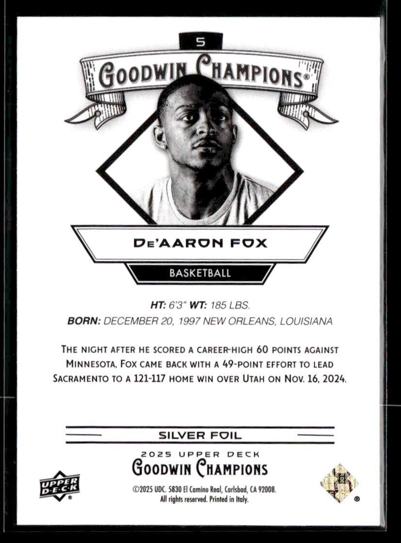 2025 Upper Deck Goodwin Champions #5 De'Aaron Fox Silver Foil