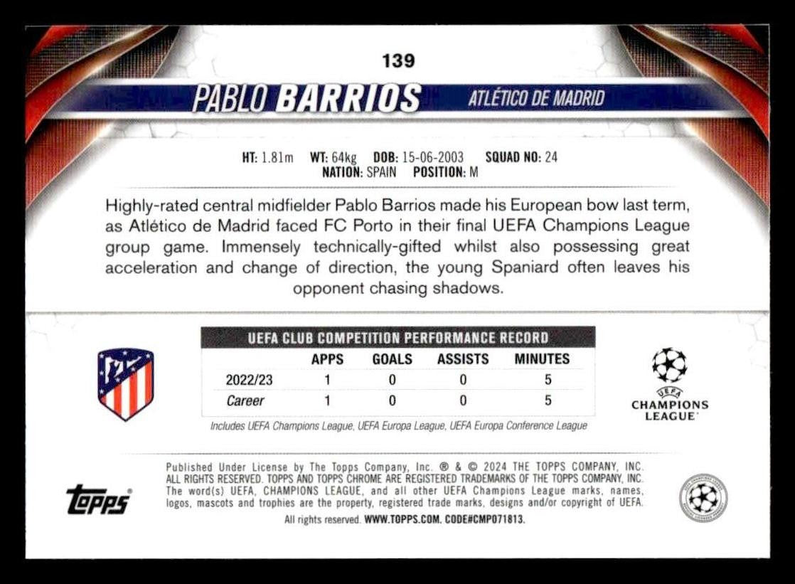 2023-24 Topps Chrome UEFA Club Competitions #139 Pablo Barrios