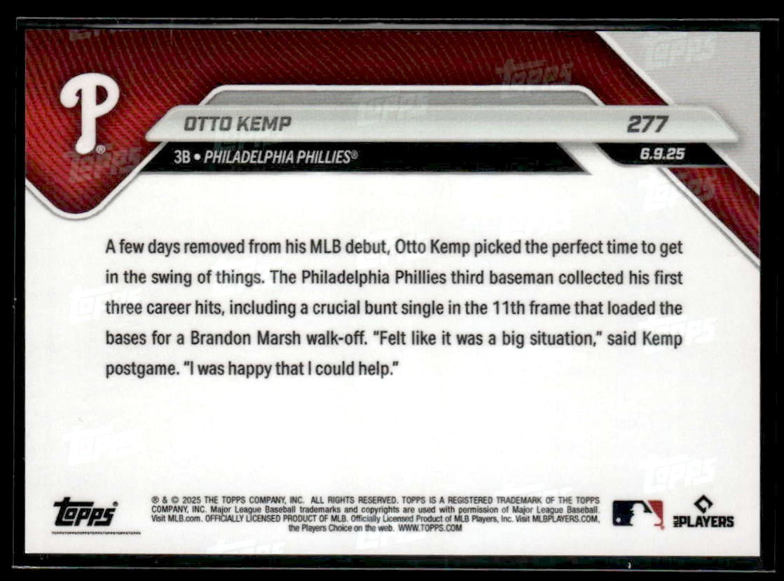 2025 Topps Now #277 Otto Kemp 1st 3 MLB Hits Fuels Walk-Off Victory