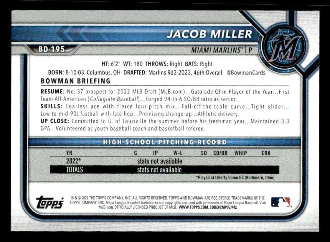 2022 Bowman Draft 1st Edition #BD-195 Jacob Miller