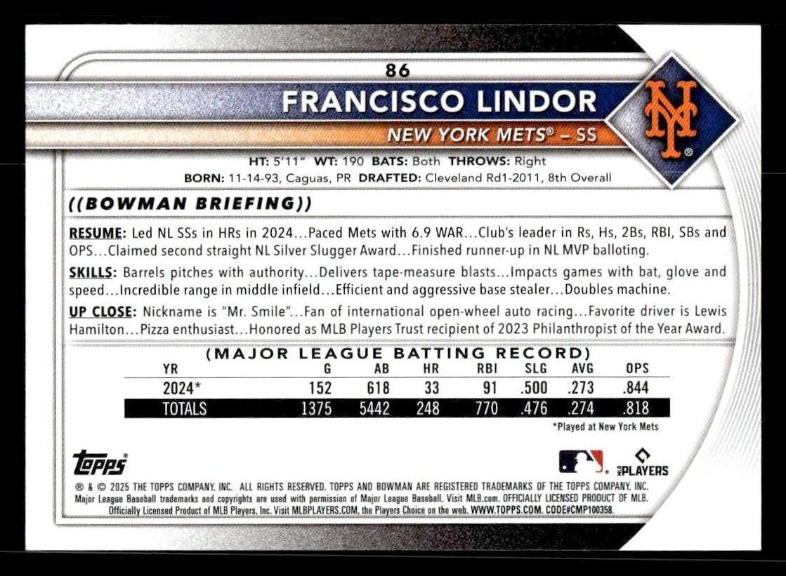 2025 Bowman #86 Francisco Lindor