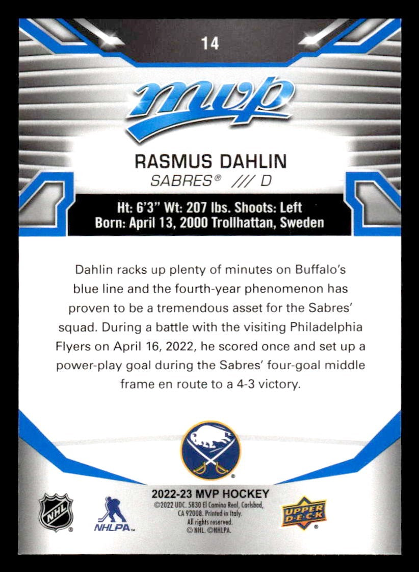 2022-23 Upper Deck MVP #14 Rasmus Dahlin Blue Script