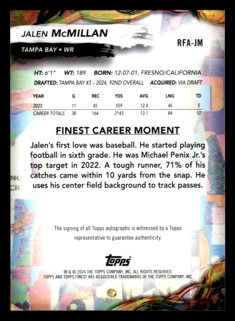 2024 Finest #RFA-JM Jalen McMillan Rookie Finest Autographs