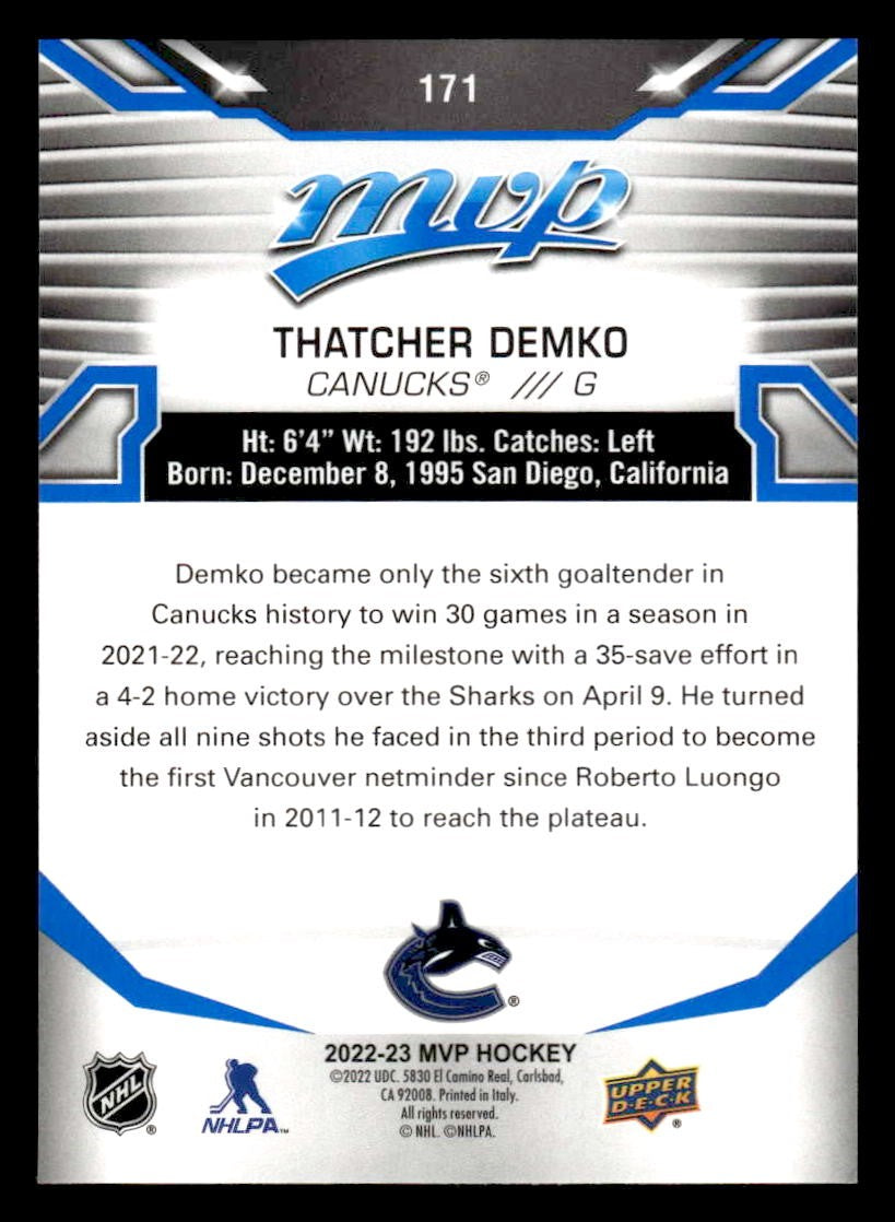 2022-23 Upper Deck MVP #171 Thatcher Demko Blue Script