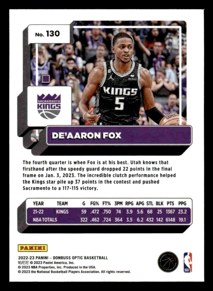2022-23 Donruss Optic #130 De'Aaron Fox