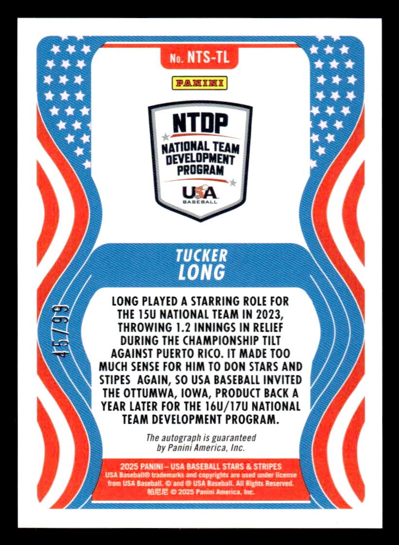 2025 Stars and Stripes USA #NTS-TL Tucker Long 16U/17U Ntl Team Sigs Red #/99