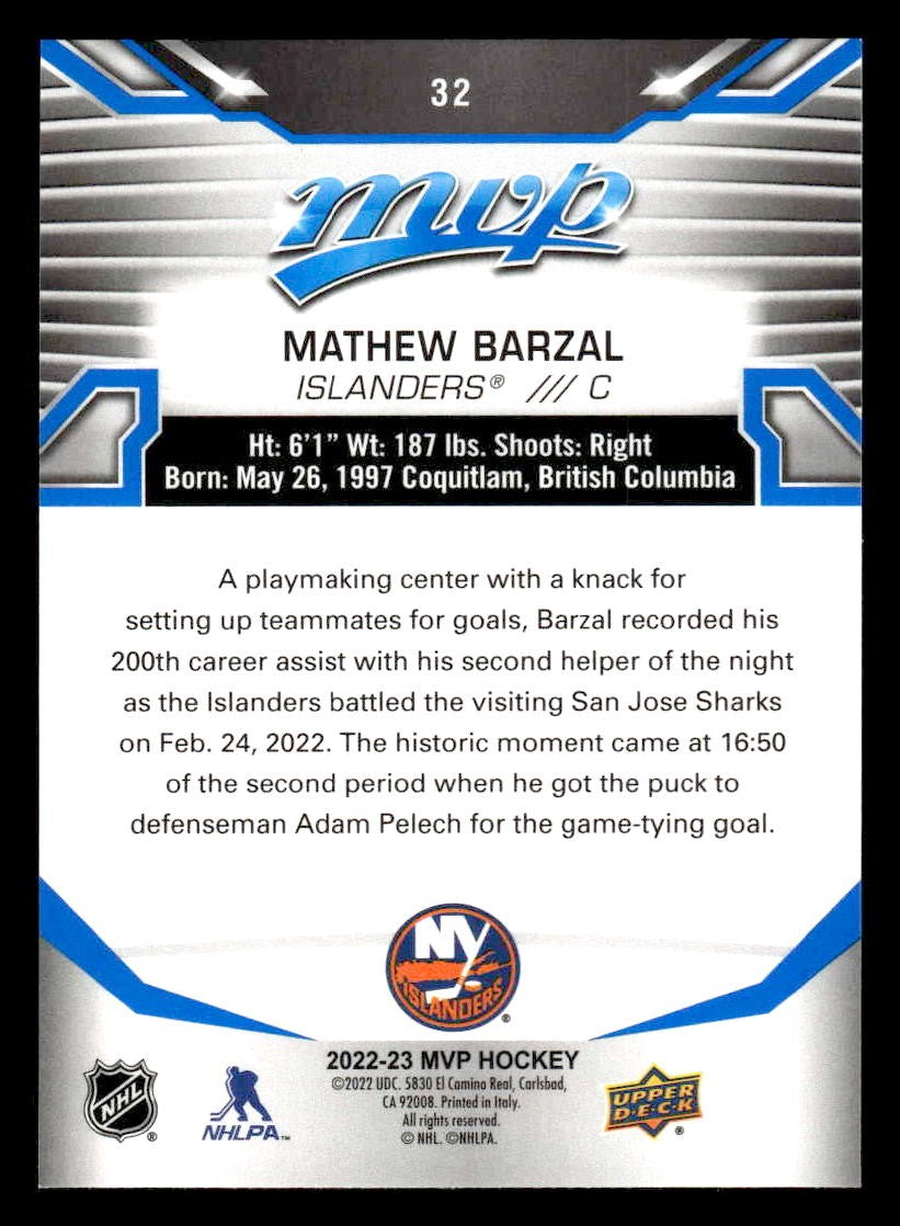2022-23 Upper Deck MVP #32 Mathew Barzal Blue Script