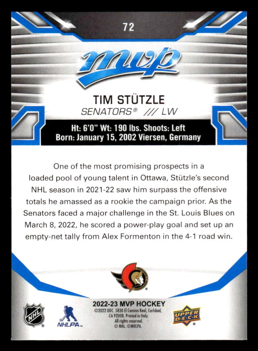 2022-23 Upper Deck MVP #72 Tim Stutzle Blue Script
