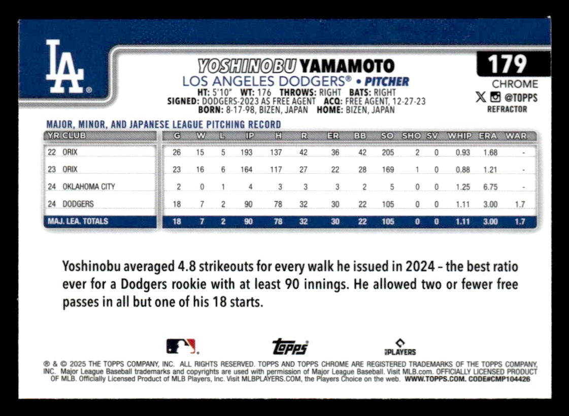 2025 Topps Chrome #179 Yoshinobu Yamamoto Refractors