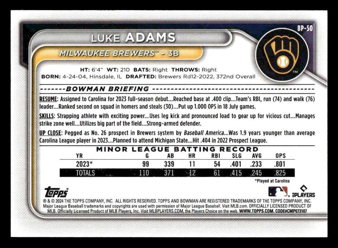 2024 Bowman #BP-50 Luke Adams Prospects