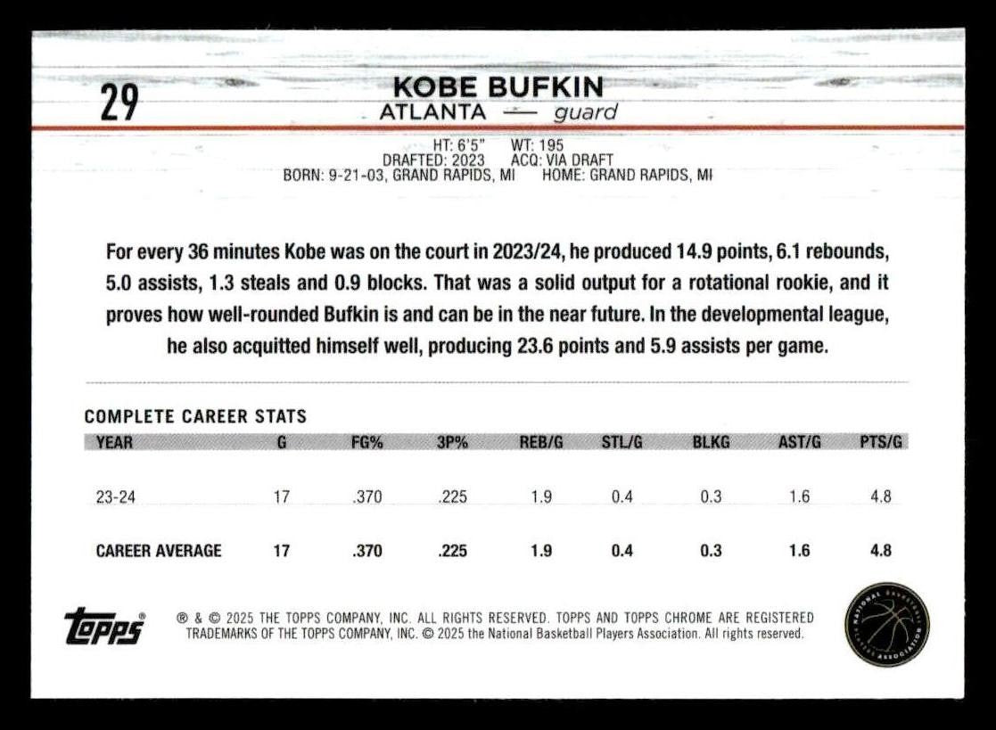 2024-25 Topps Chrome #29 Kobe Bufkin