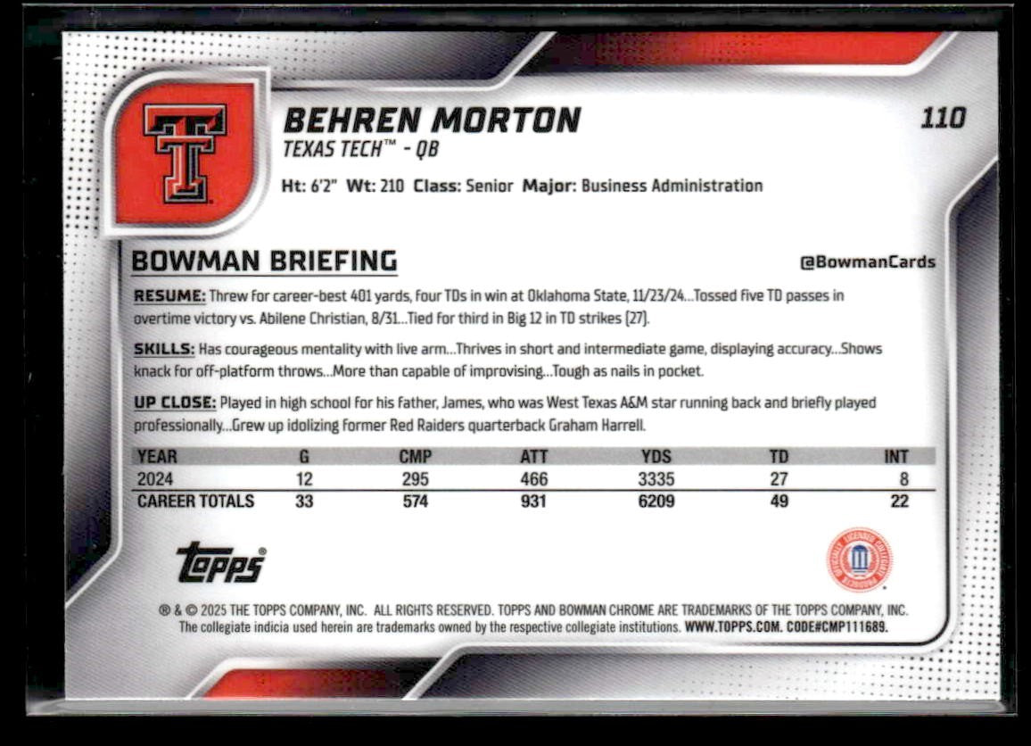 2025 Bowman University Chrome #110 Behren Morton