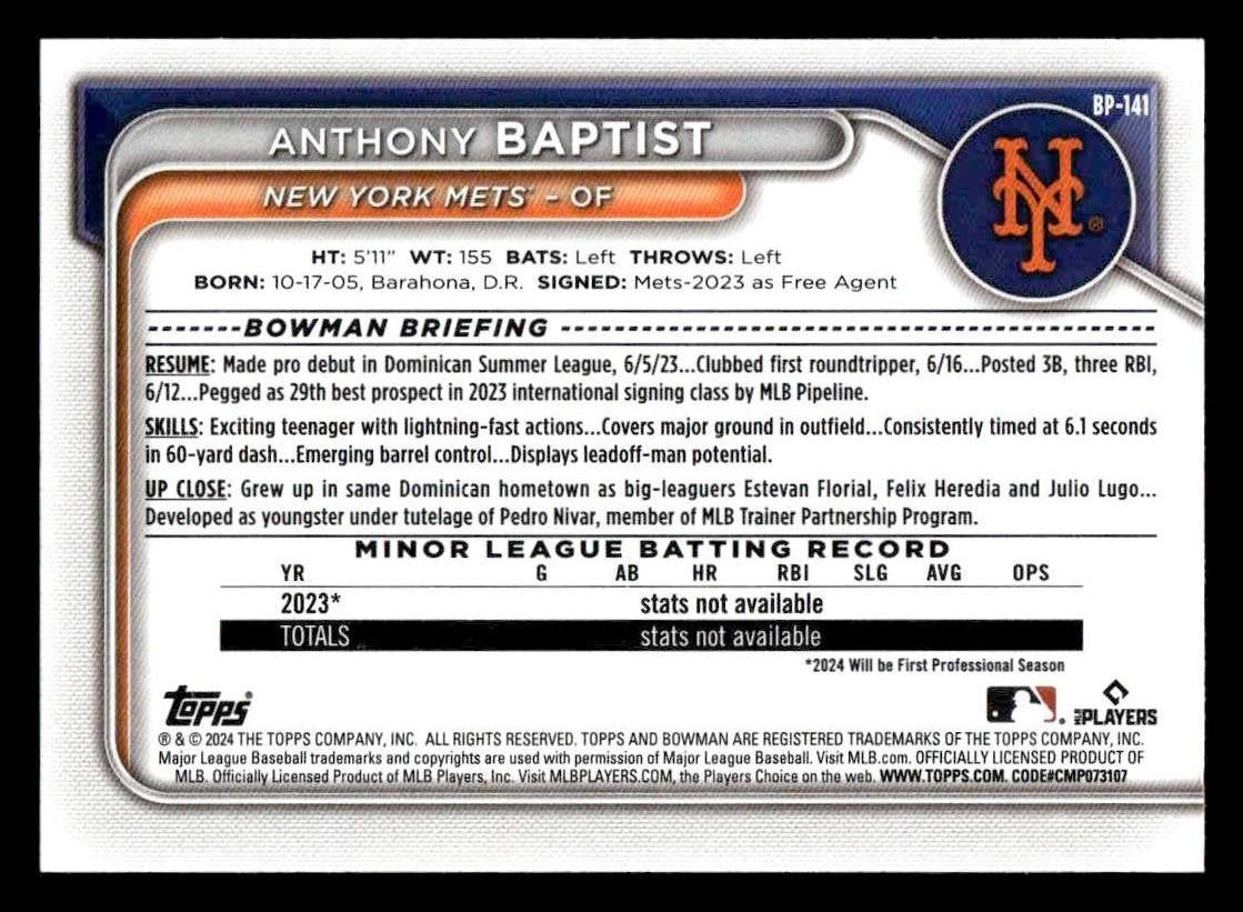 2024 Bowman #BP-141 Anthony Baptist Prospects