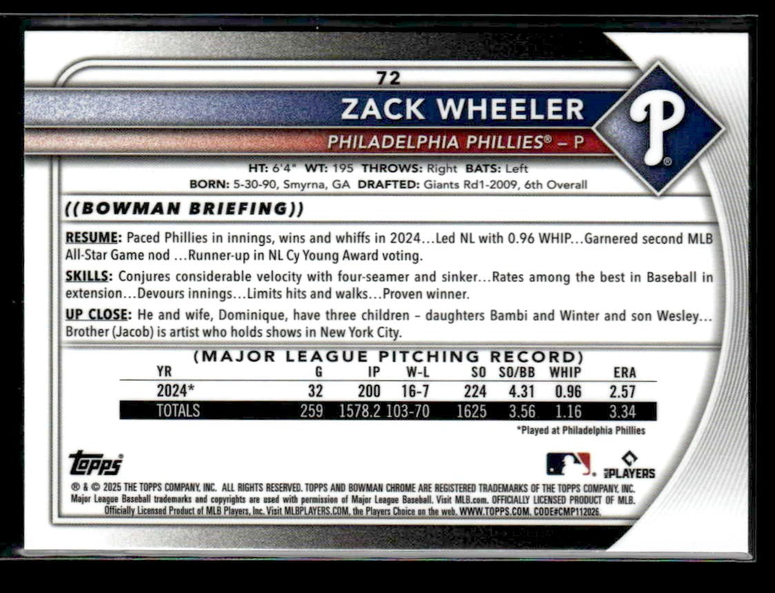 2025 Bowman Chrome #72 Zack Wheeler
