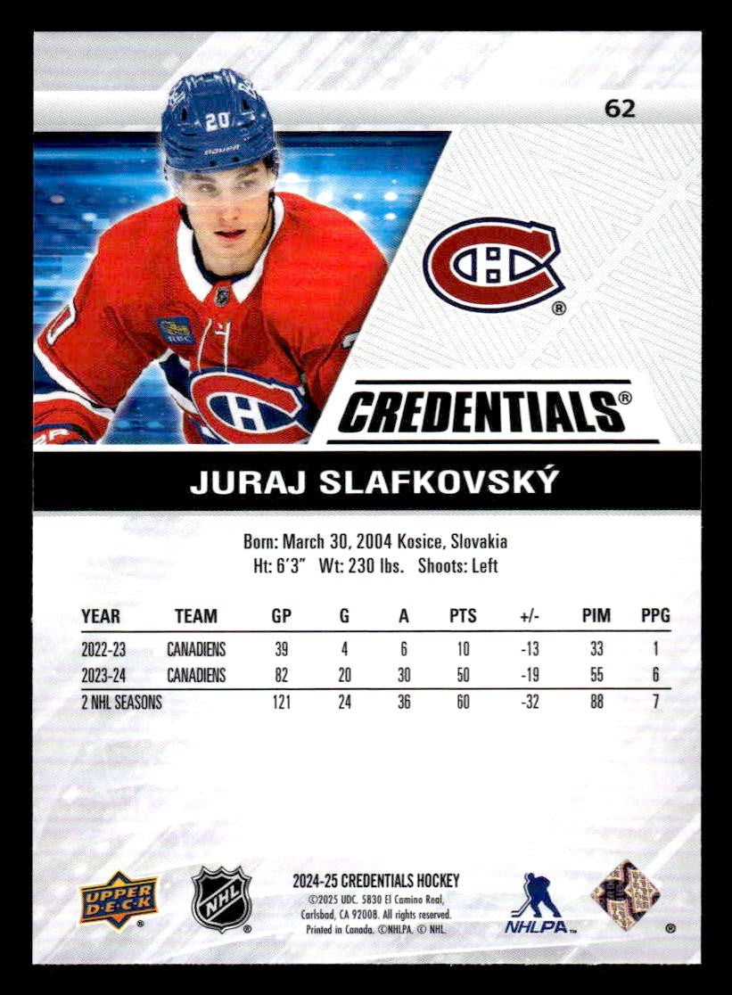 2024-25 Upper Deck Credentials #62 Juraj Slafkovsky