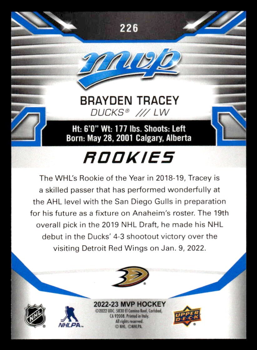 2022-23 Upper Deck MVP #226 Brayden Tracey Blue Script