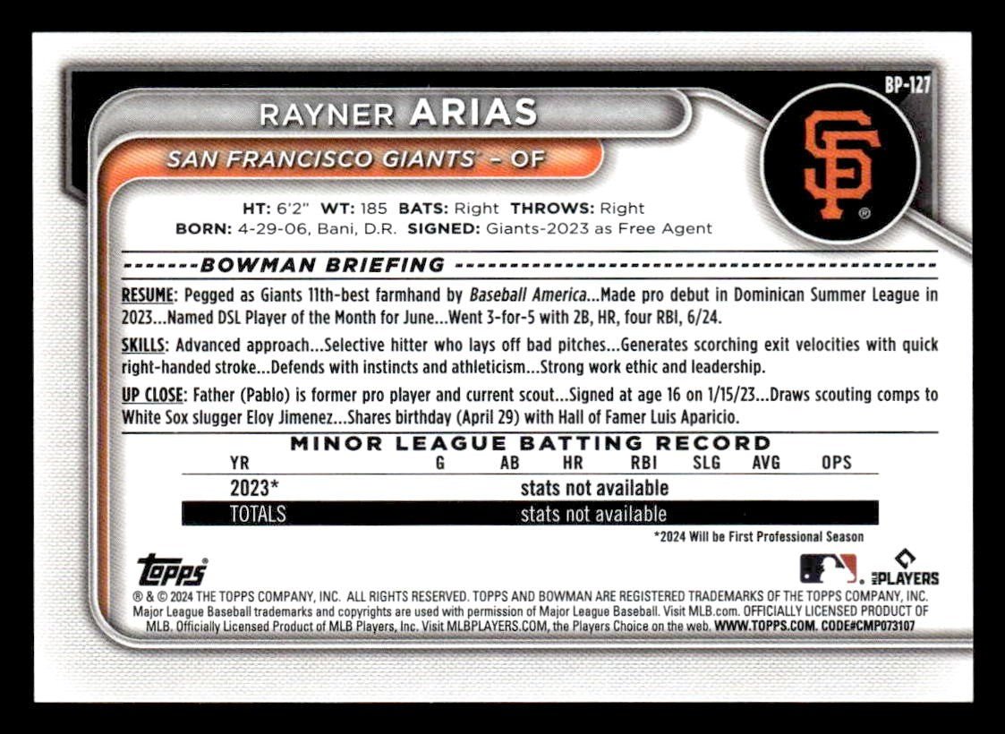 2024 Bowman #BP-127 Rayner Arias Prospects