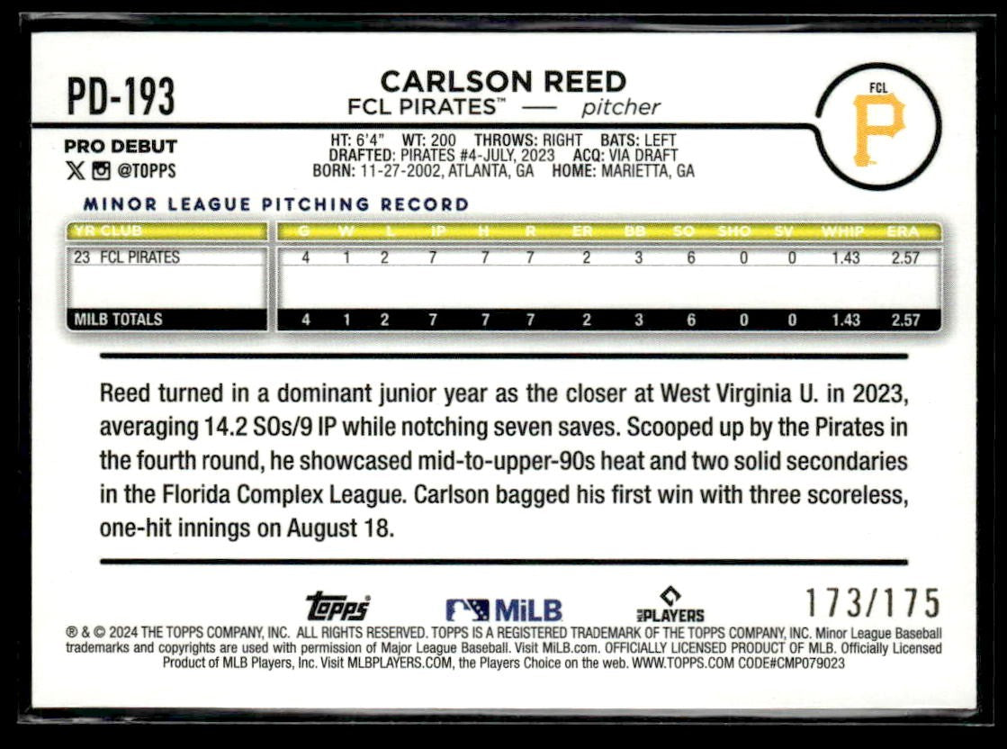 2024 Topps Pro Debut #PD-193 Carlson Reed Sparkle Foil #/175