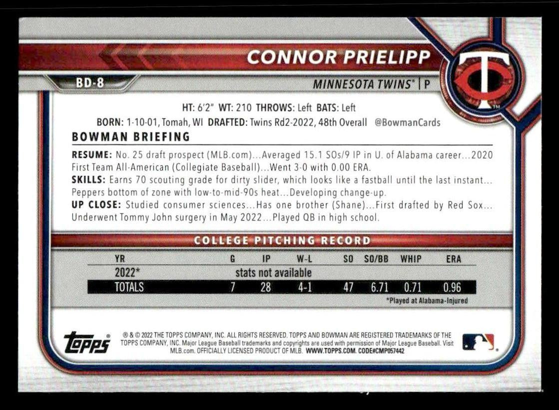 2022 Bowman Draft 1st Edition #BD-8 Connor Prielipp