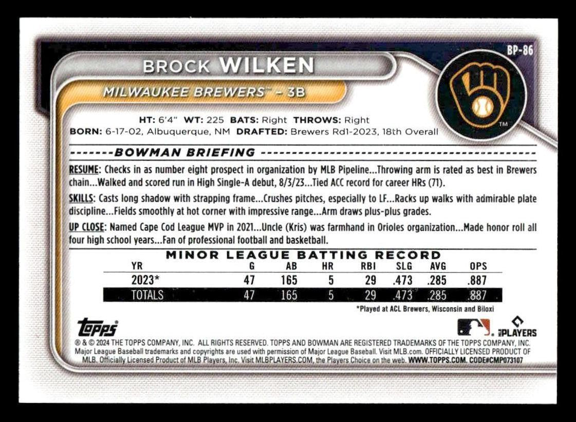 2024 Bowman #BP-86 Brock Wilken Prospects