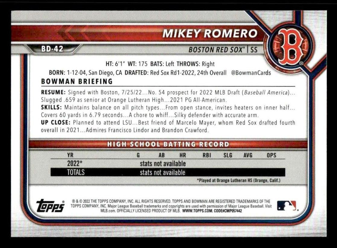 2022 Bowman Draft 1st Edition #BD-42 Mikey Romero