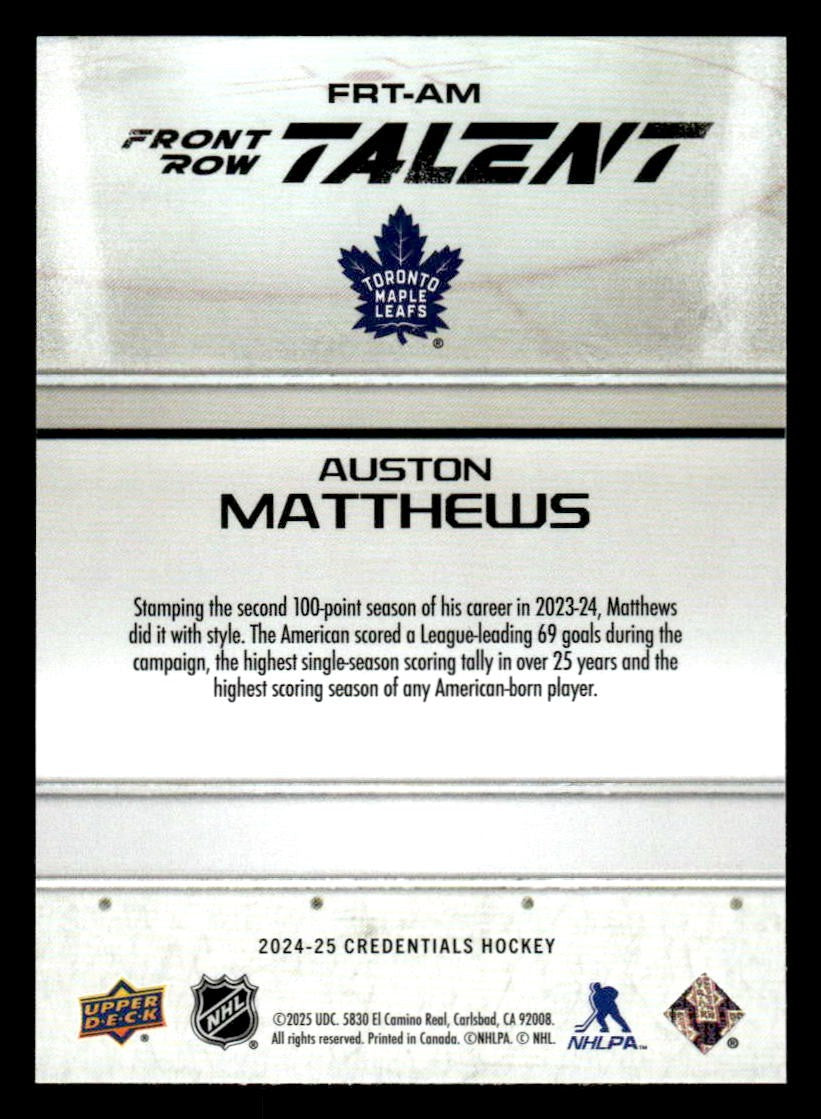 2024-25 Upper Deck Credentials #FRT-AM Auston Matthews Front Row Talent