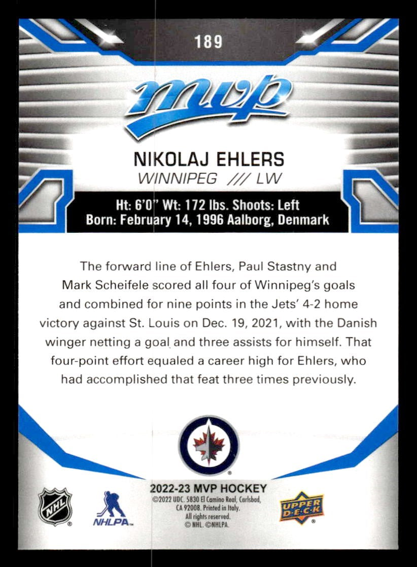 2022-23 Upper Deck MVP #189 Nikolaj Ehlers Blue Script