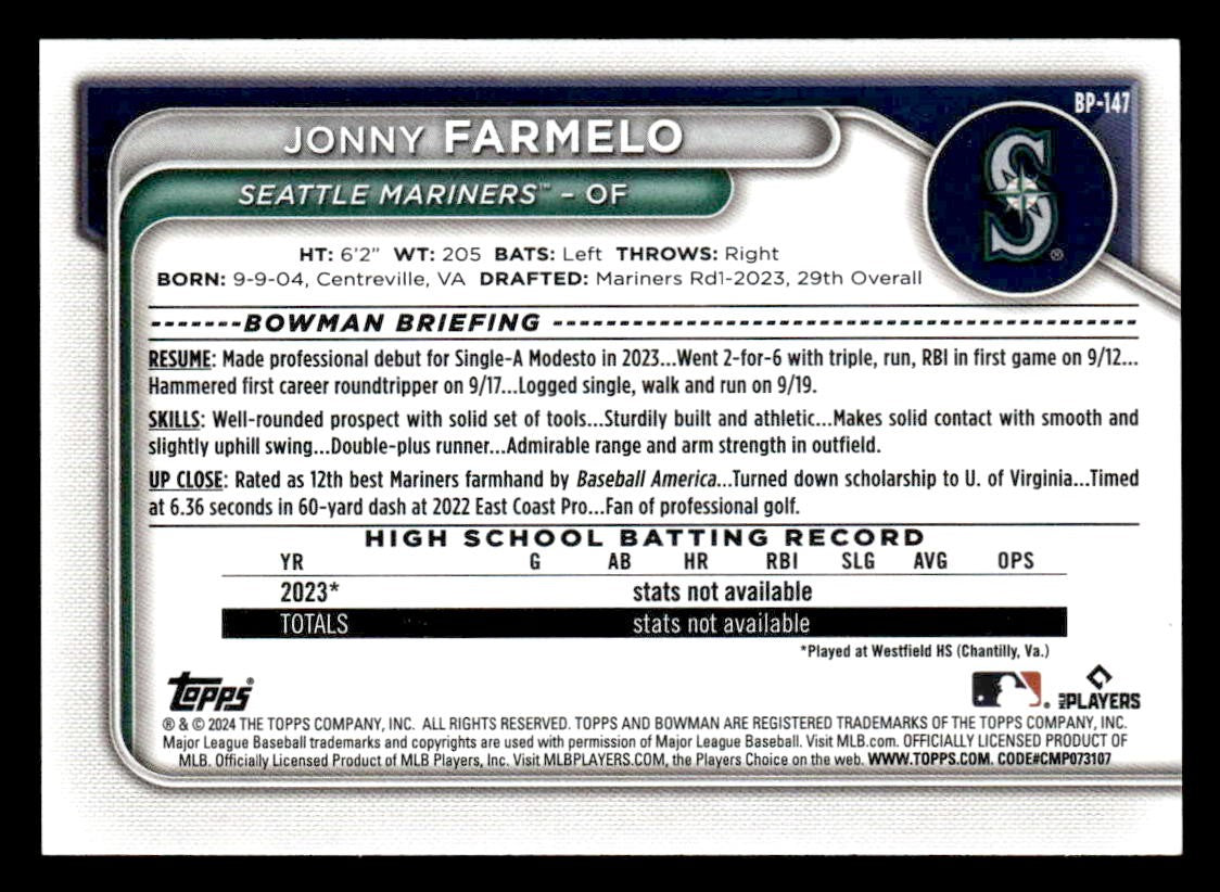 2024 Bowman #BP-147 Jonny Farmelo Prospects