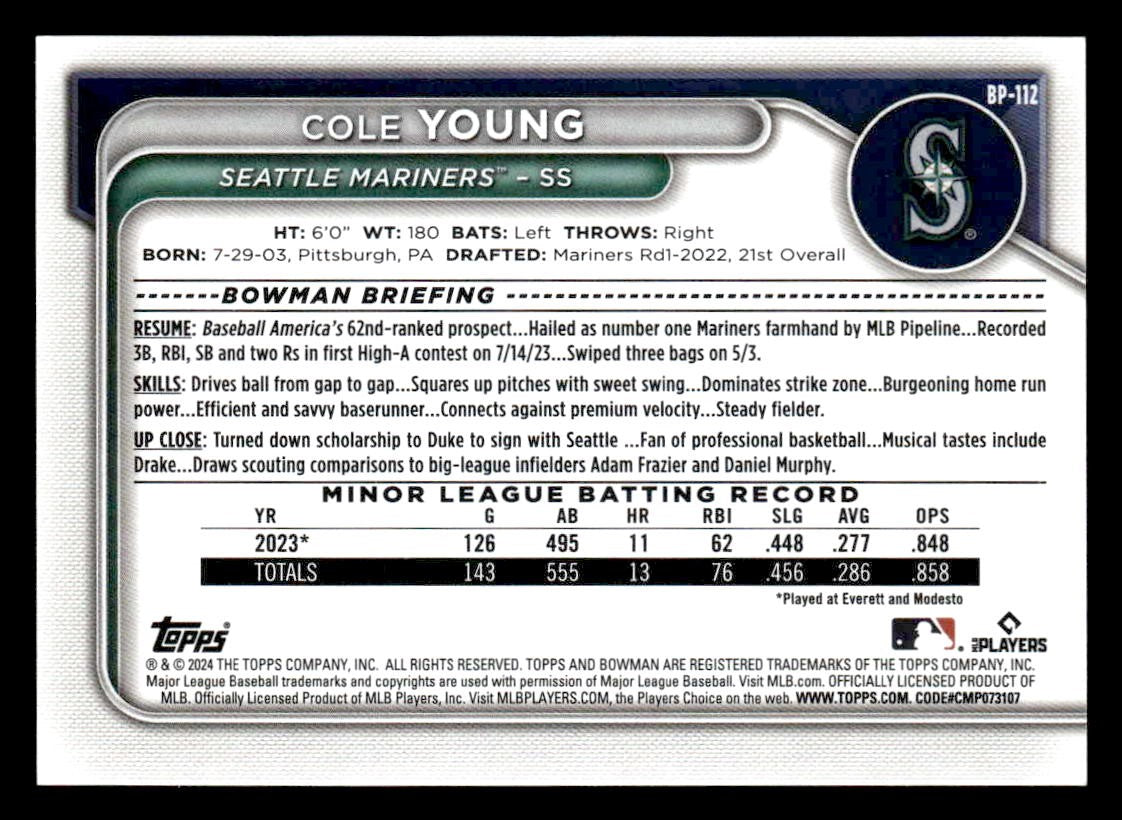 2024 Bowman #BP-112 Cole Young Prospects