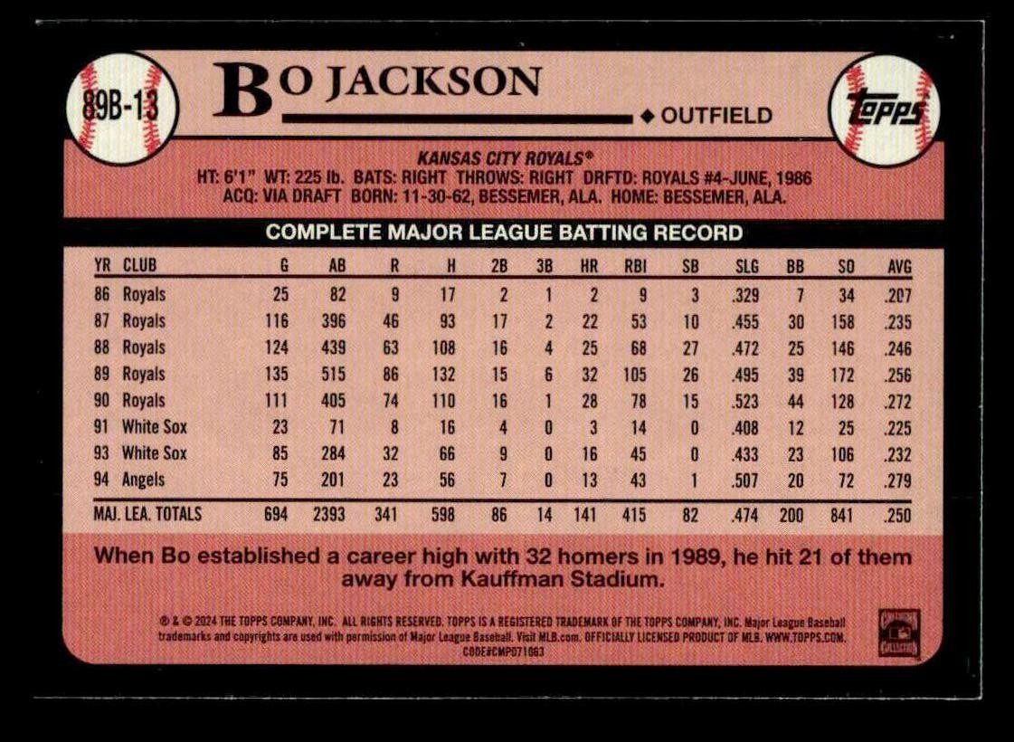 2024 Topps #89B-13 Bo Jackson 1989 Topps Baseball 35th Anniversary (Series One)