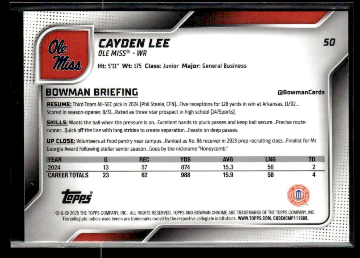 2025 Bowman University Chrome #50 Cayden Lee