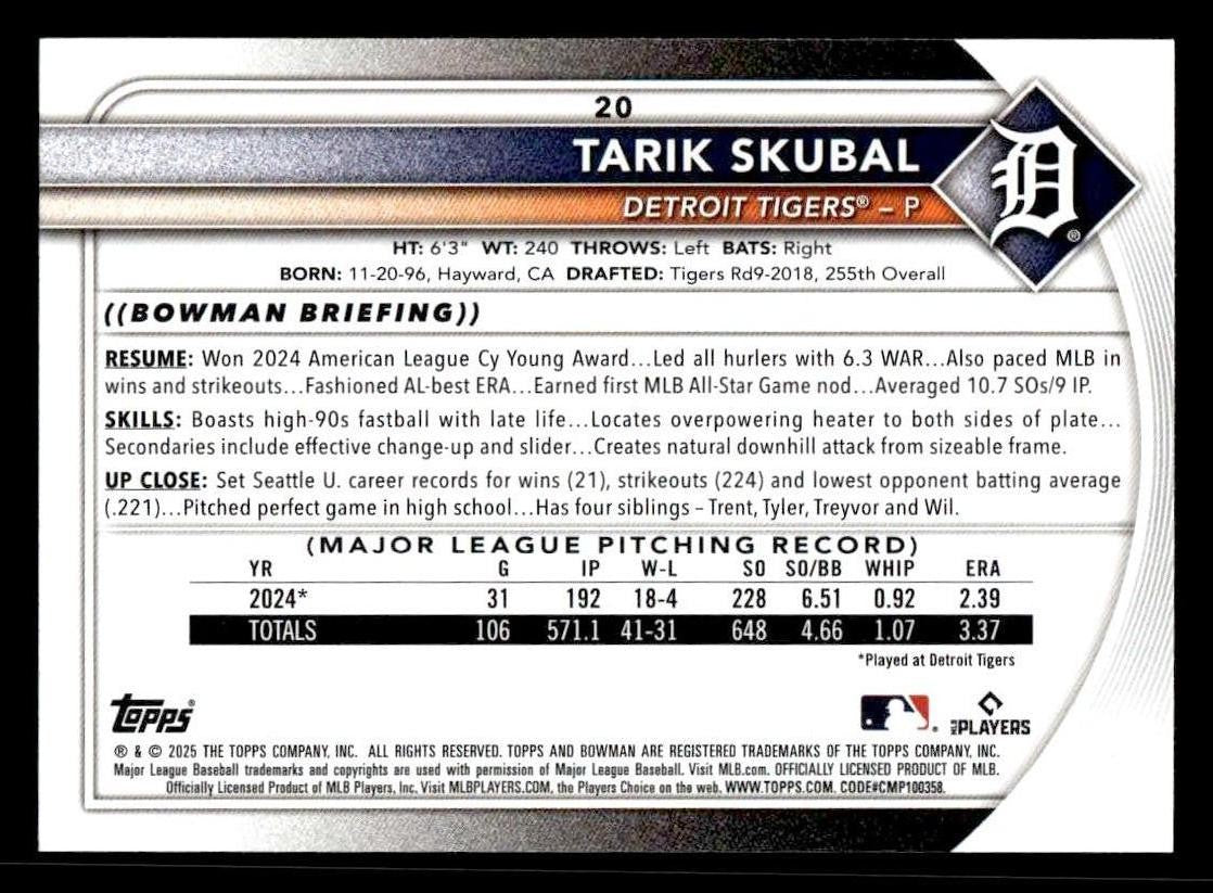 2025 Bowman #20 Tarik Skubal