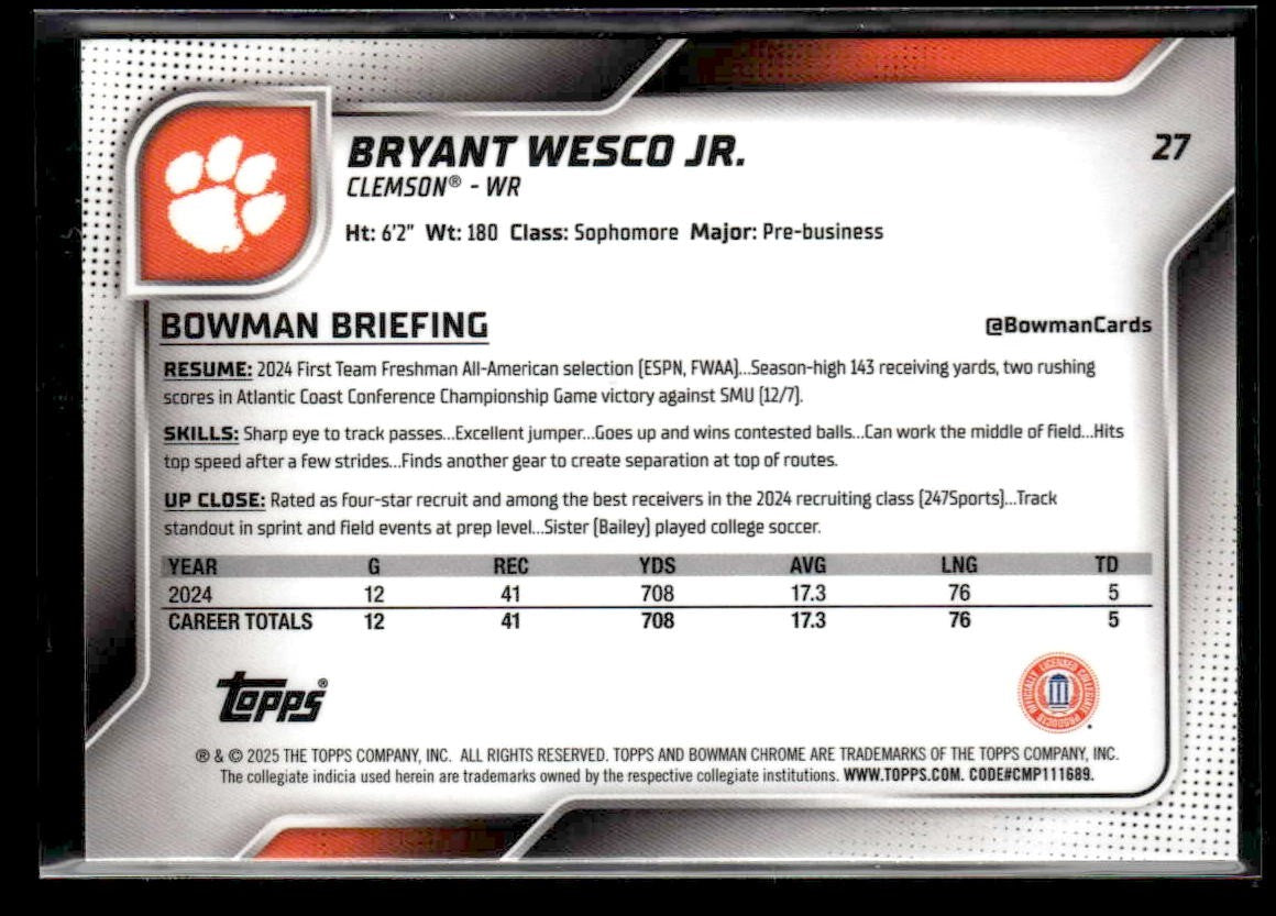 2025 Bowman University Chrome #27 Bryant Wesco Jr.