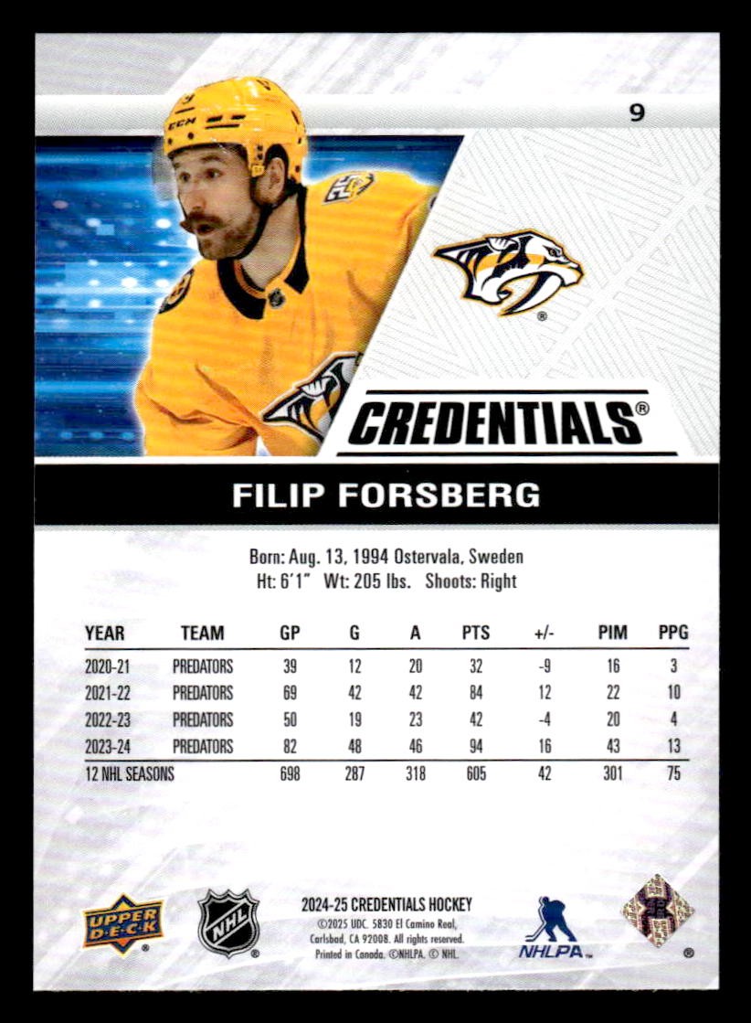 2024-25 Upper Deck Credentials #9 Filip Forsberg