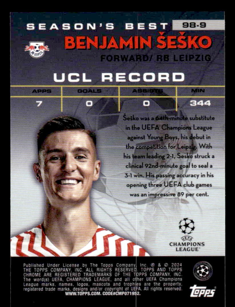 2023-24 Topps Chrome UEFA Club Comps #98-9 Benjamin Šeško 1998 Shooting Stars