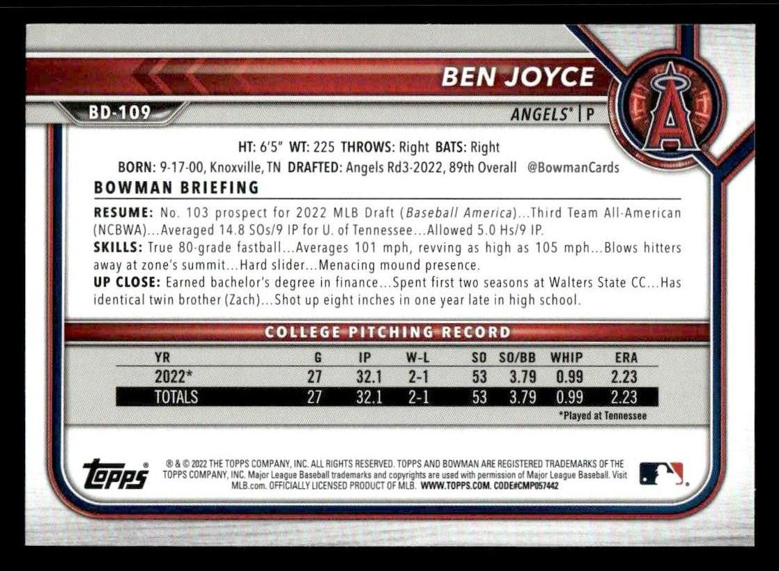 2022 Bowman Draft 1st Edition #BD-109 Ben Joyce