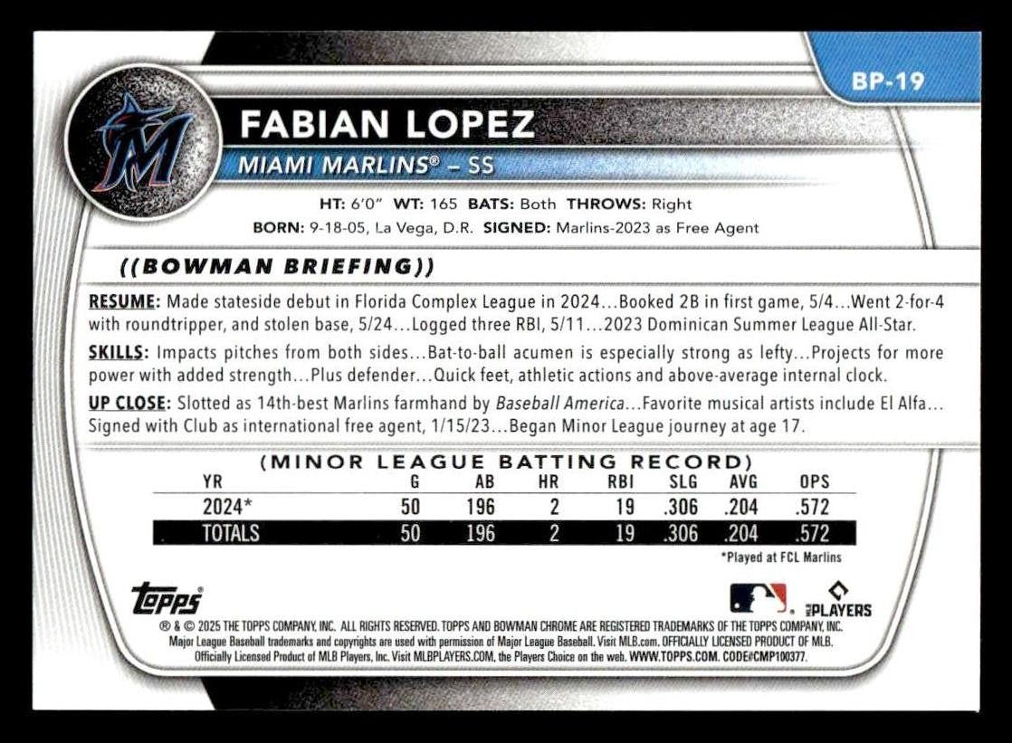 2025 Bowman #BP-19 Fabian Lopez Prospects