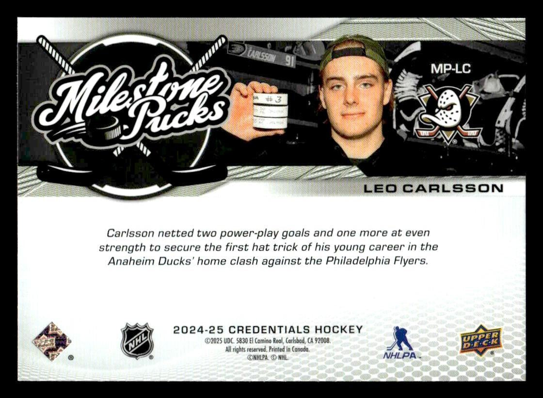 2024-25 Upper Deck Credentials #MP-LC Leo Carlsson Milestone Pucks 1st Hat Trick