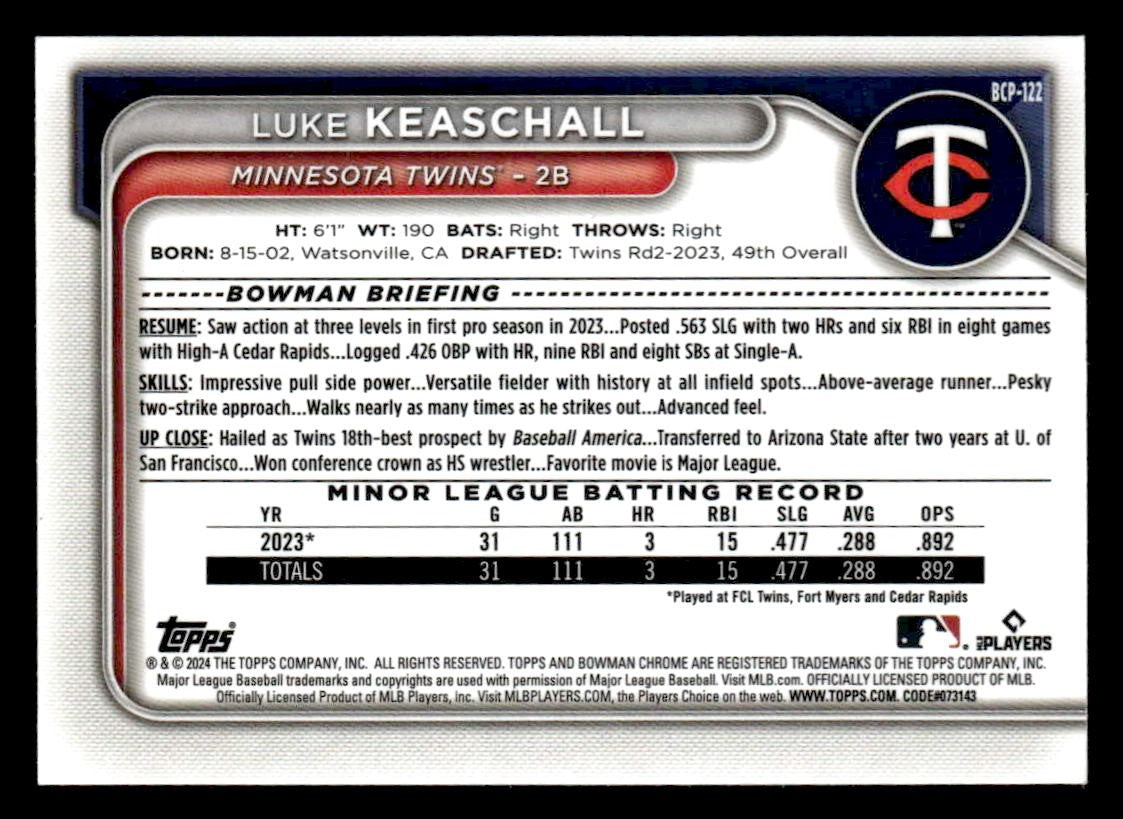 2024 Bowman #BCP-122 Luke Keaschall Chrome Prospects