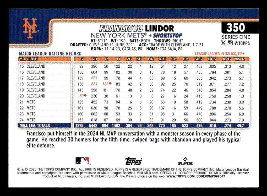 2025 Topps #350 Francisco Lindor