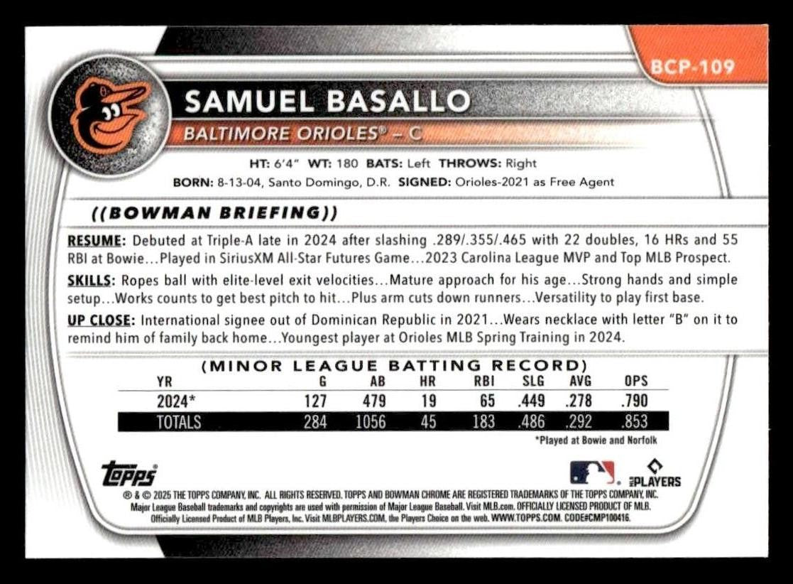 2025 Bowman #BCP-109 Samuel Basallo Chrome Prospects