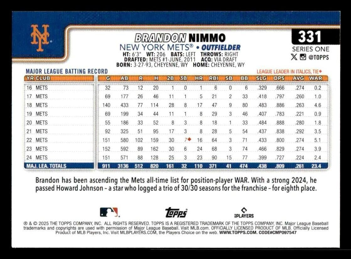 2025 Topps #331 Brandon Nimmo