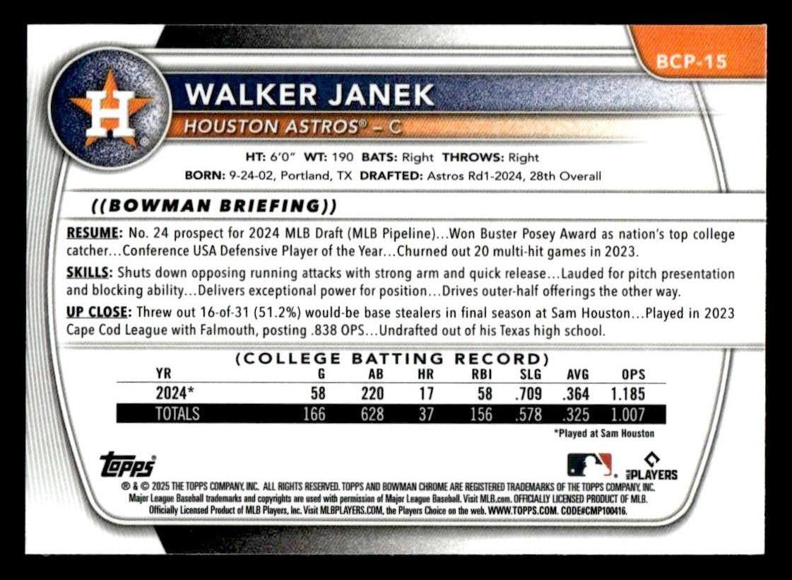 2025 Bowman #BCP-15 Walker Janek Chrome Prospects