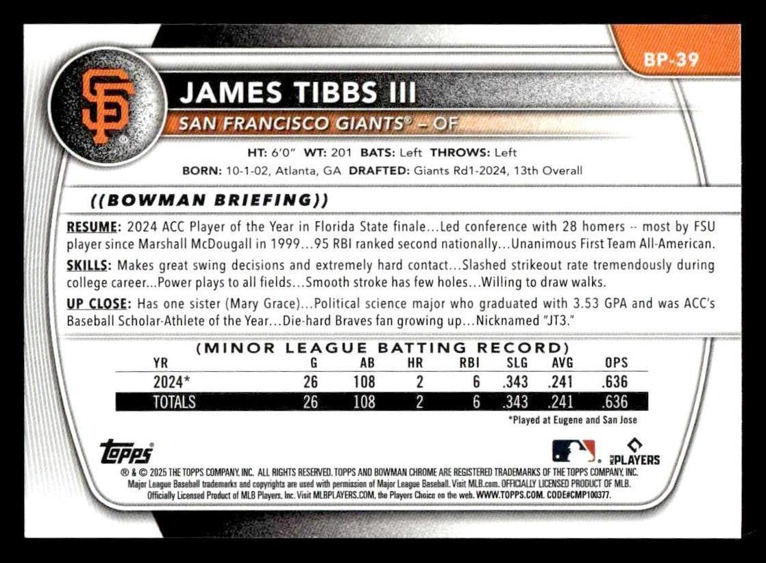 2025 Bowman #BP-39 James Tibbs III Prospects