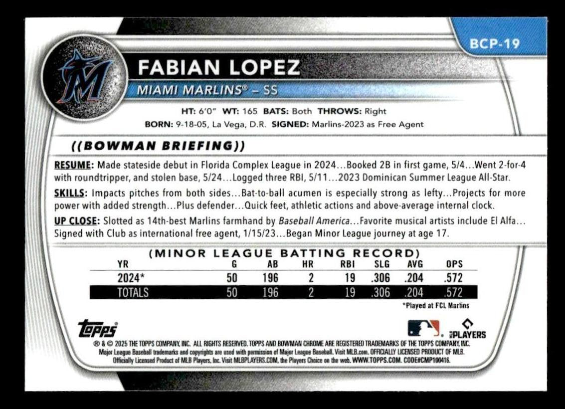 2025 Bowman #BCP-19 Fabian Lopez Chrome Prospects