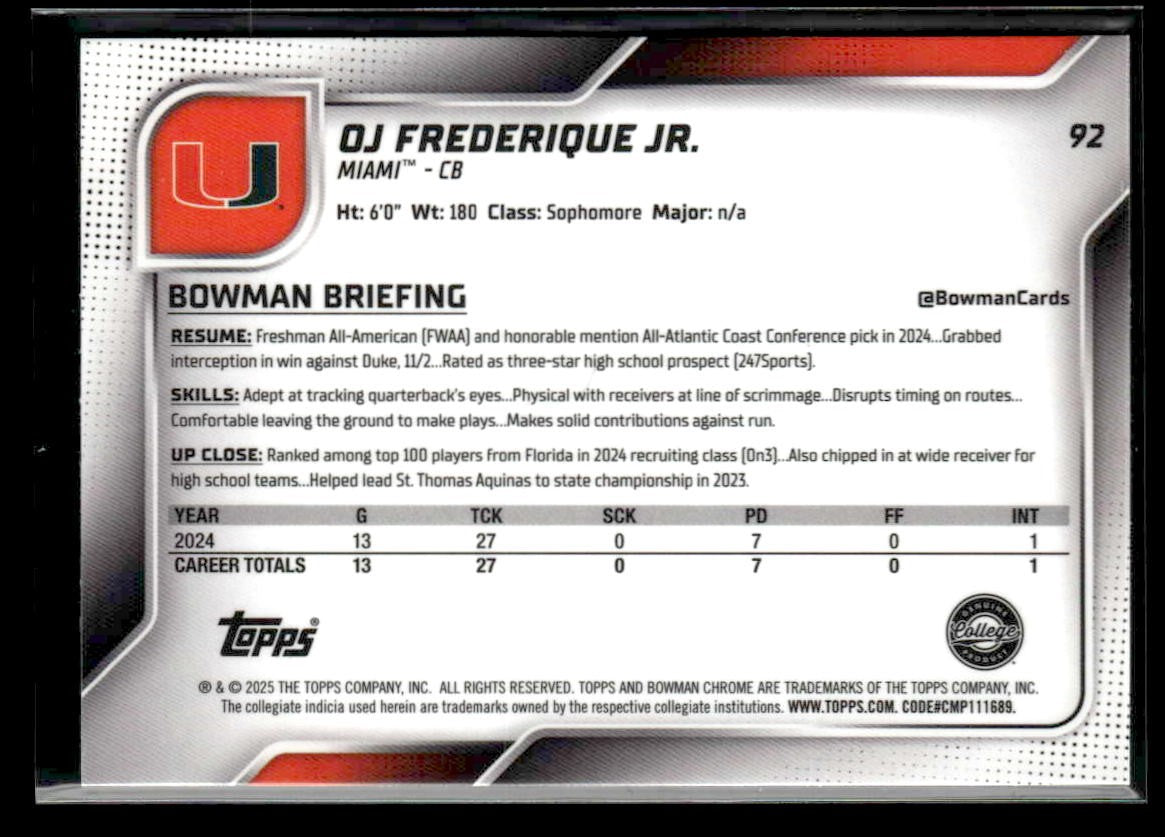 2025 Bowman U Chrome #92 OJ Frederique Jr. Lime Green Mini-Diamond Refr #/275