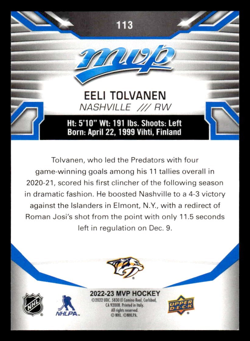 2022-23 Upper Deck MVP #113 Eeli Tolvanen Blue Script