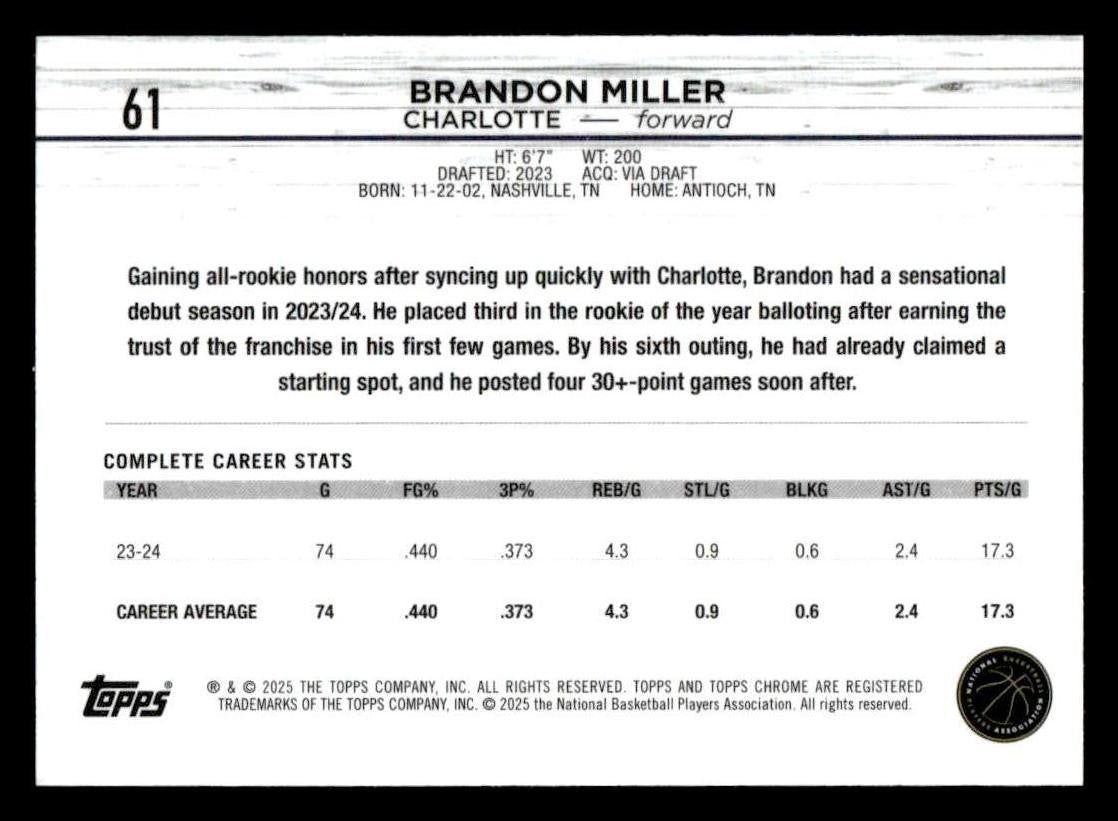 2024-25 Topps Chrome #61 Brandon Miller