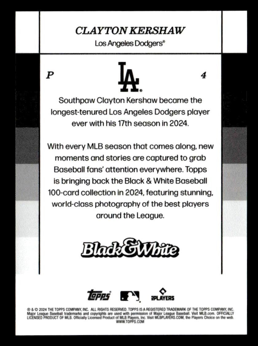 2024 Topps Black & White #4 Clayton Kershaw