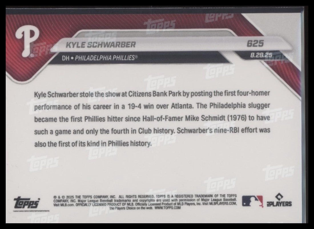 2025 Topps Now #625 Kyle Schwarber 4HR Game